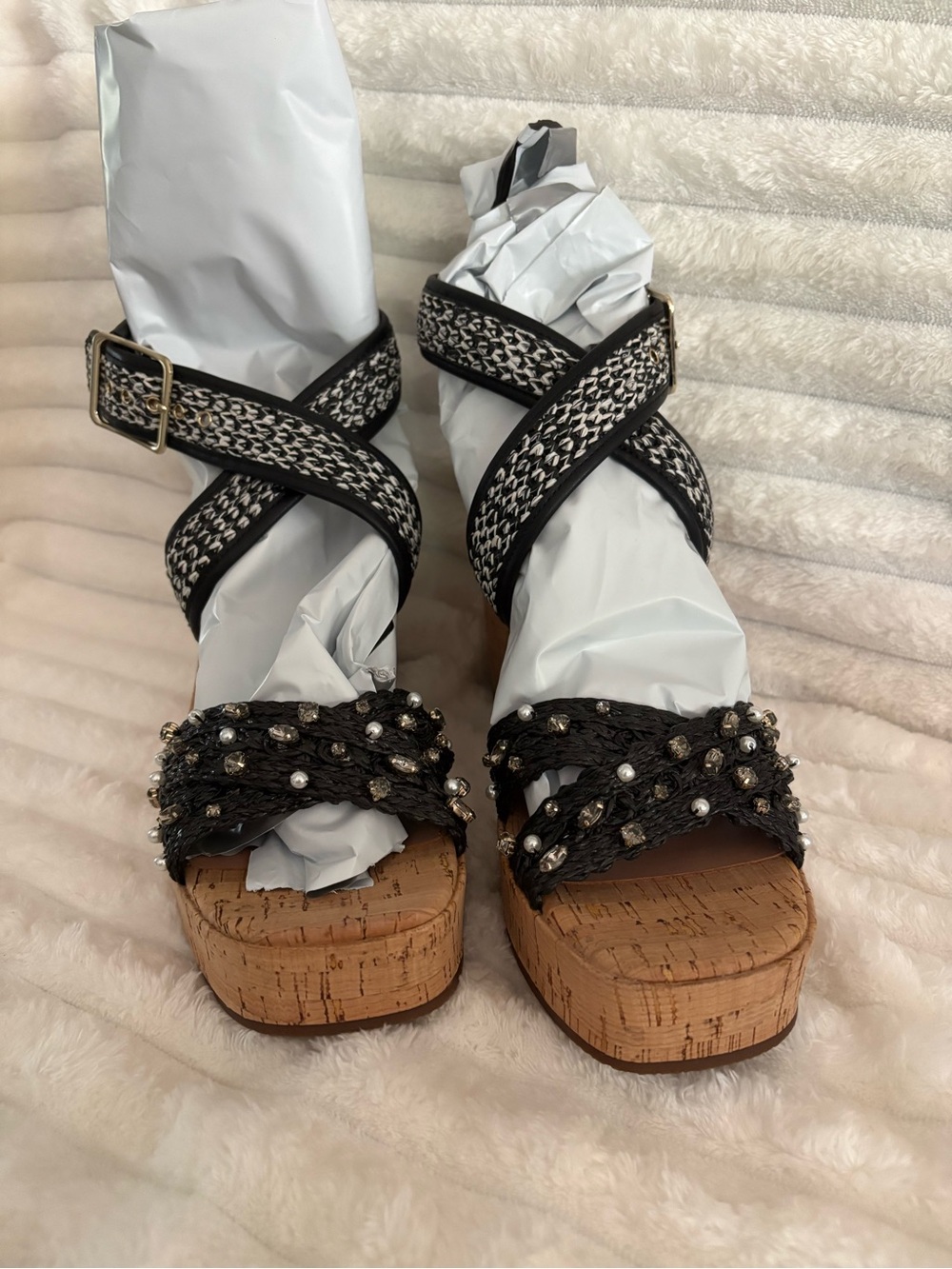 Paolo Black Braided Pearl-Embellished Cork Platform Sandals